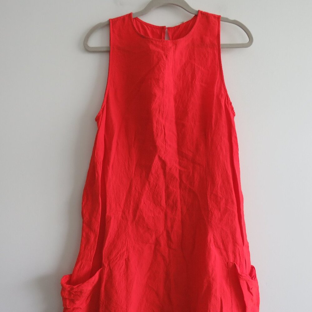APUNTOB Red Oversized Gauzy Lagenlook Sleeveless Linen Blend Midi Pocket Dress - Picture 3 of 15